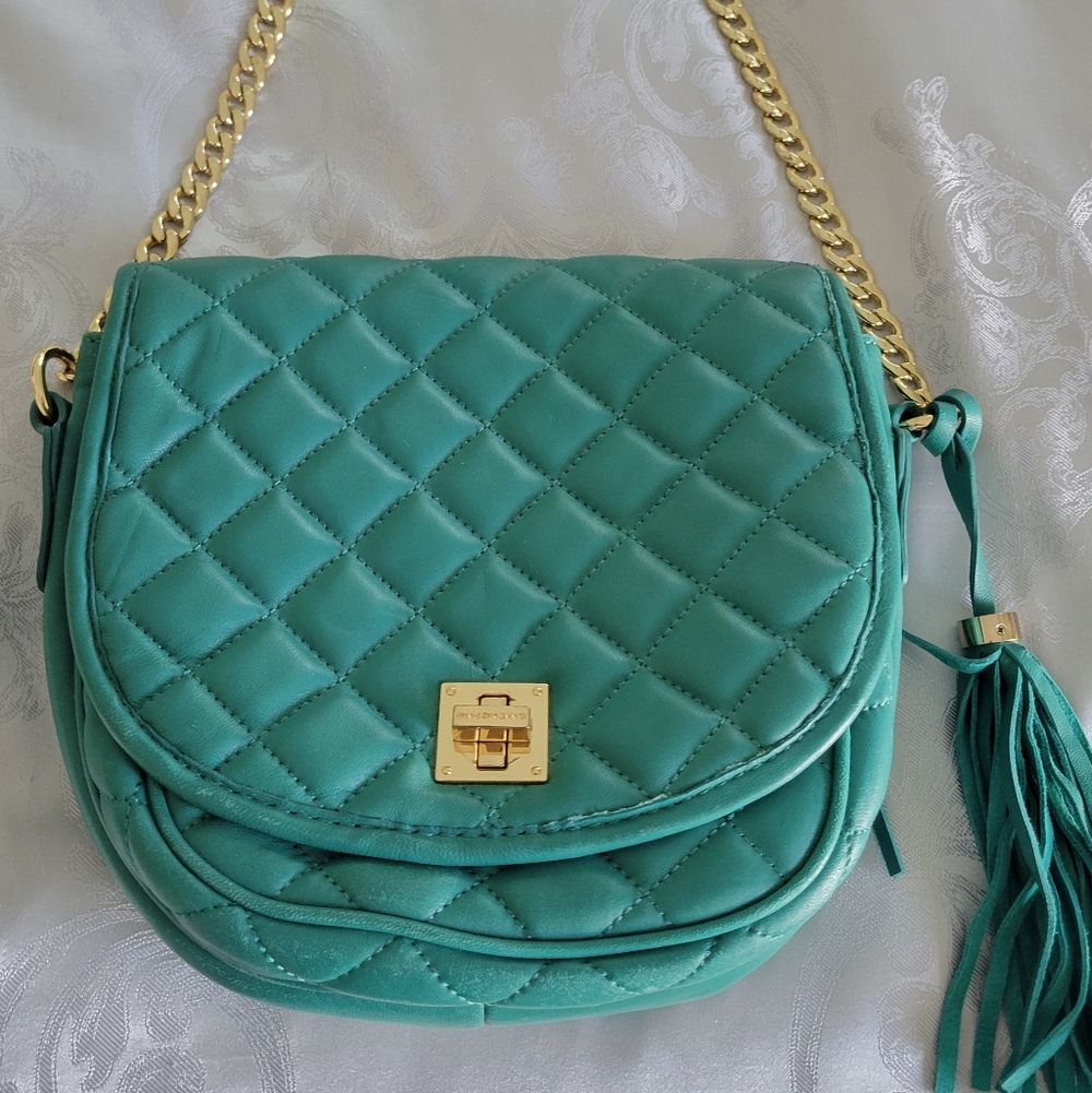 Quilted Teal Chain Shoulder Bag By ISAAC MIZRAHI,Genuine Leather.